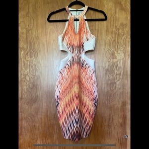 Multi-Color (Orange/Yellow/White/Black) Mini Halter Dress with Cutout Detail